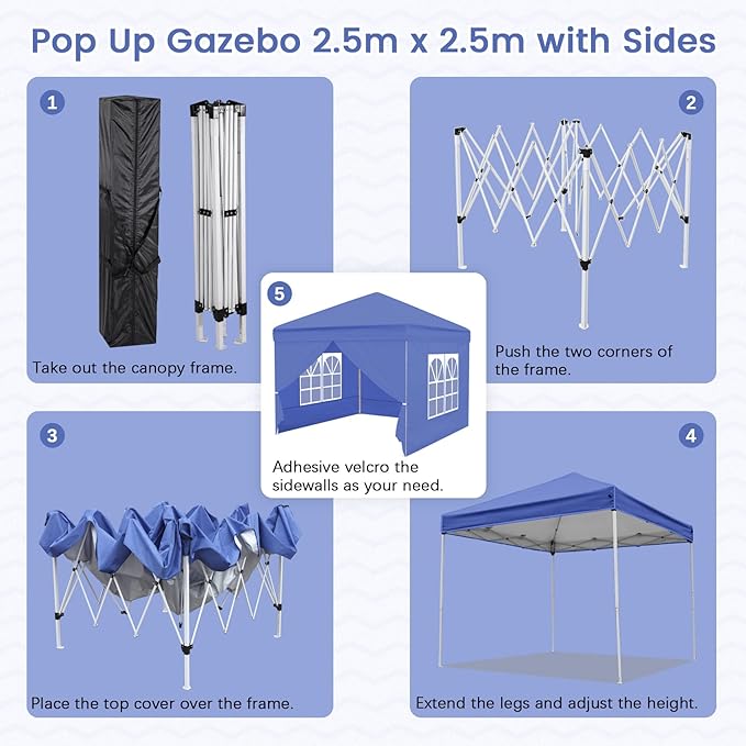 Gazebo, Ej.Victor Pop Up Gazebo 2.5 x2.5 with 4 Sides and Windows Sun Protection for Gardon Tent, Party, Stall, Outdoor Craft Show, Farmers Markets-Blue