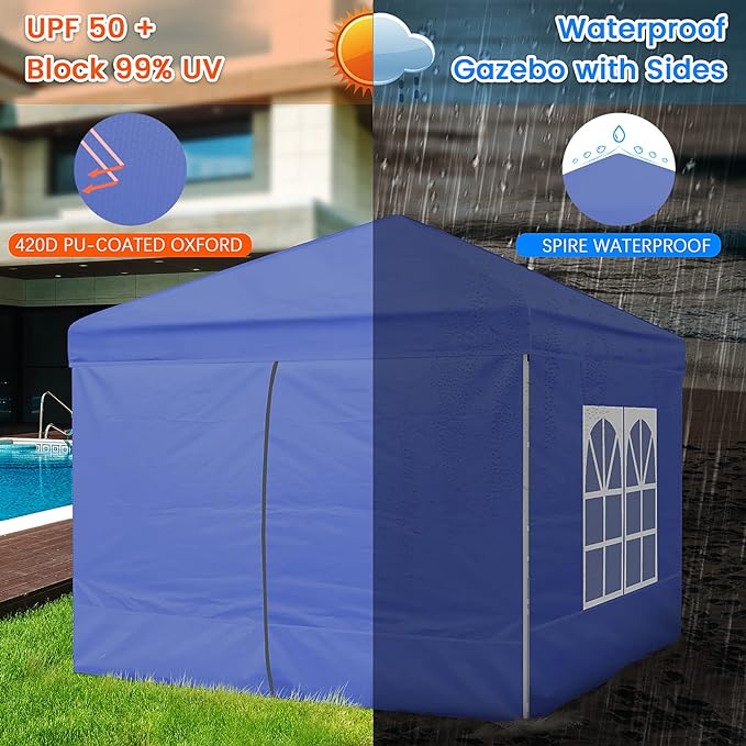Gazebo, Ej.Victor Pop Up Gazebo 2.5 x2.5 with 4 Sides and Windows Sun Protection for Gardon Tent, Party, Stall, Outdoor Craft Show, Farmers Markets-Blue