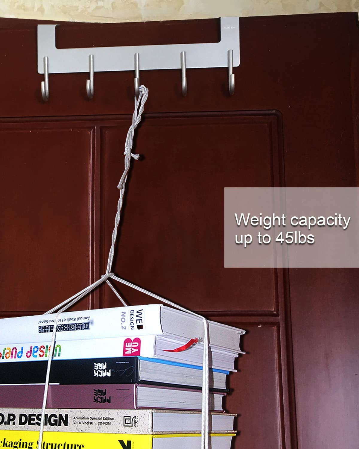 over the Door Hook Hanger, Heavy-Duty Storage for Coat, Towel, Bag, Robe - 5 Hooks, Aluminum, Brush Finish (Silver)