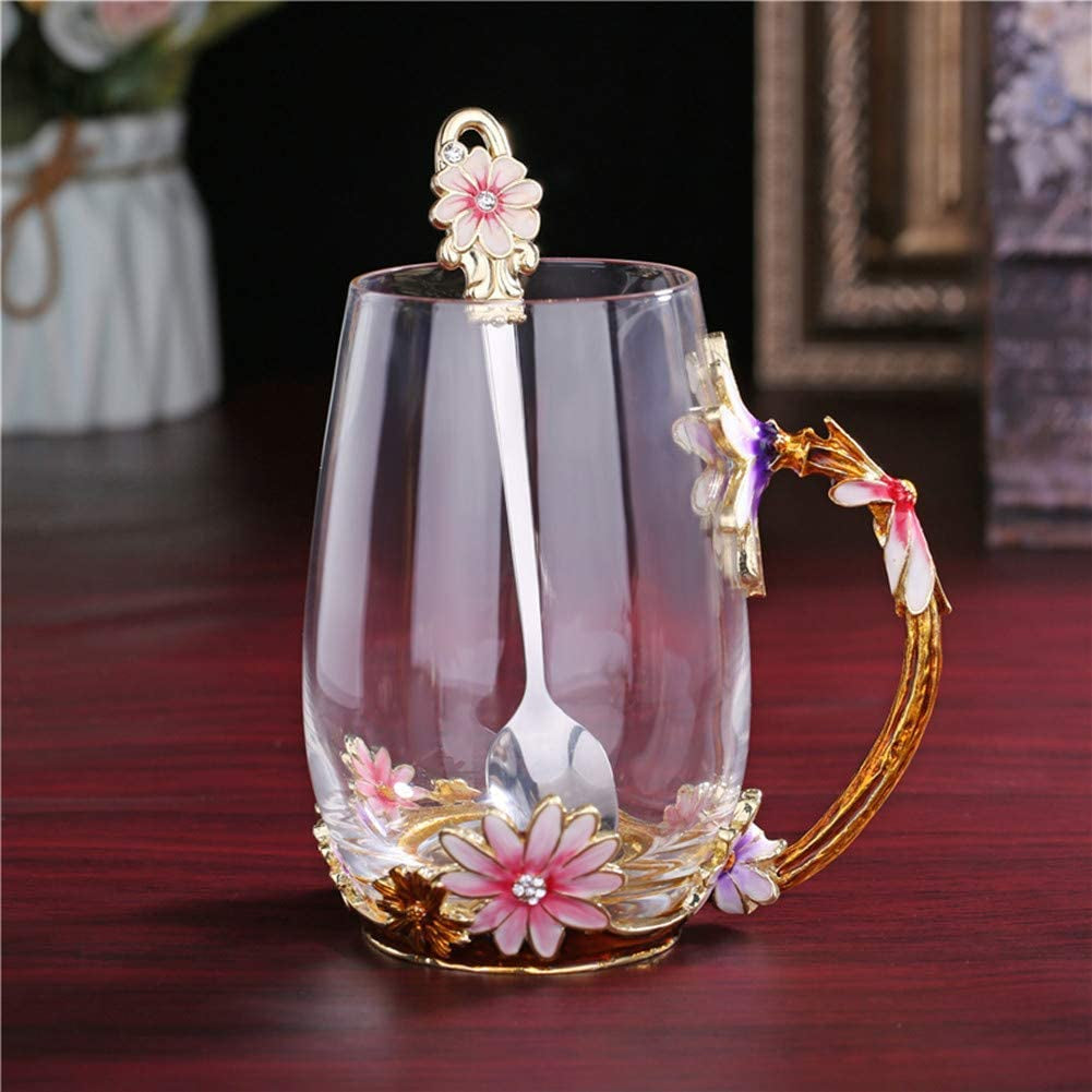 Handmade Enamel Butterfly Flower Glass Coffee Mugs Tea Cup with Spoon,Birthday Christmas Gifts for Her Women Mum Friends Teacher Valentines Mothers Day