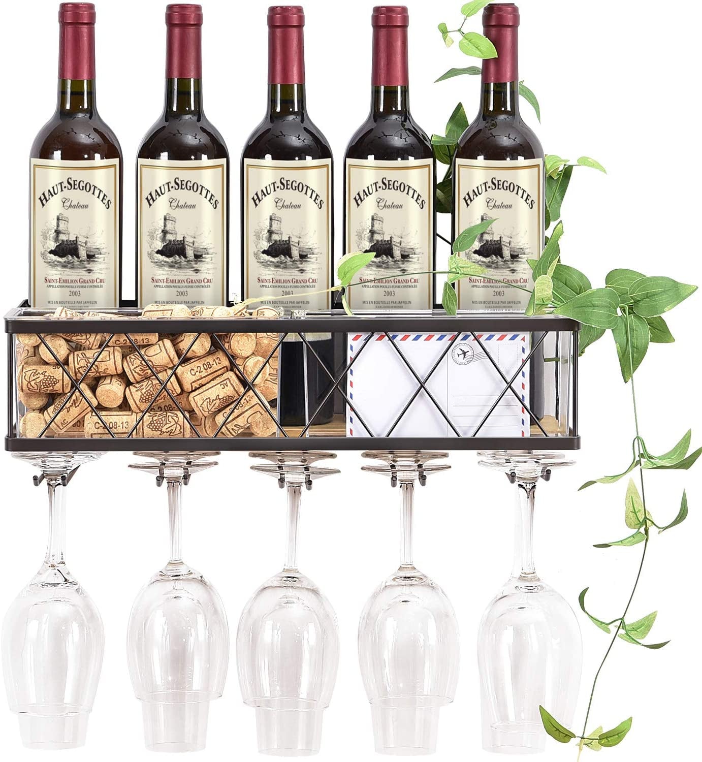 Wall Mounted Wine Rack,Metal & Wooden Wine Shelf with Glass Holder & Cork Storage,Champagne Bottle Holder,Hanging Rustic Wine Holder, Floating Wine Shelf for Kitchen, Home WK810228