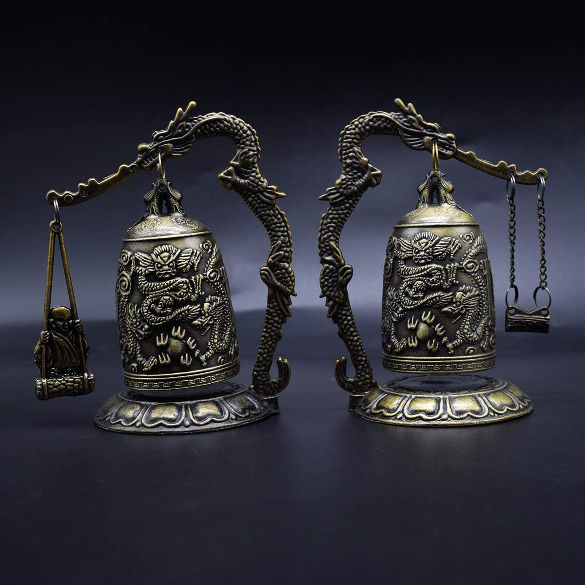 Fengshui Vintage Small Dragon Bell Buddhist Collectibles Ornaments, Good Luck Bell, Meditation Home Office Decor