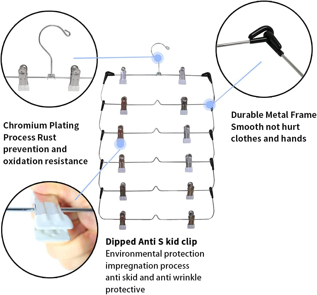 6 Tier Trouser Hangers with Clips, 2 Pack Strong & Durable Chrome Metal Skirt Hangers - Space Saving, Multi Hanger with Non Slip Adjustable Clip for Trousers, Hang Skirts Pants Jeans
