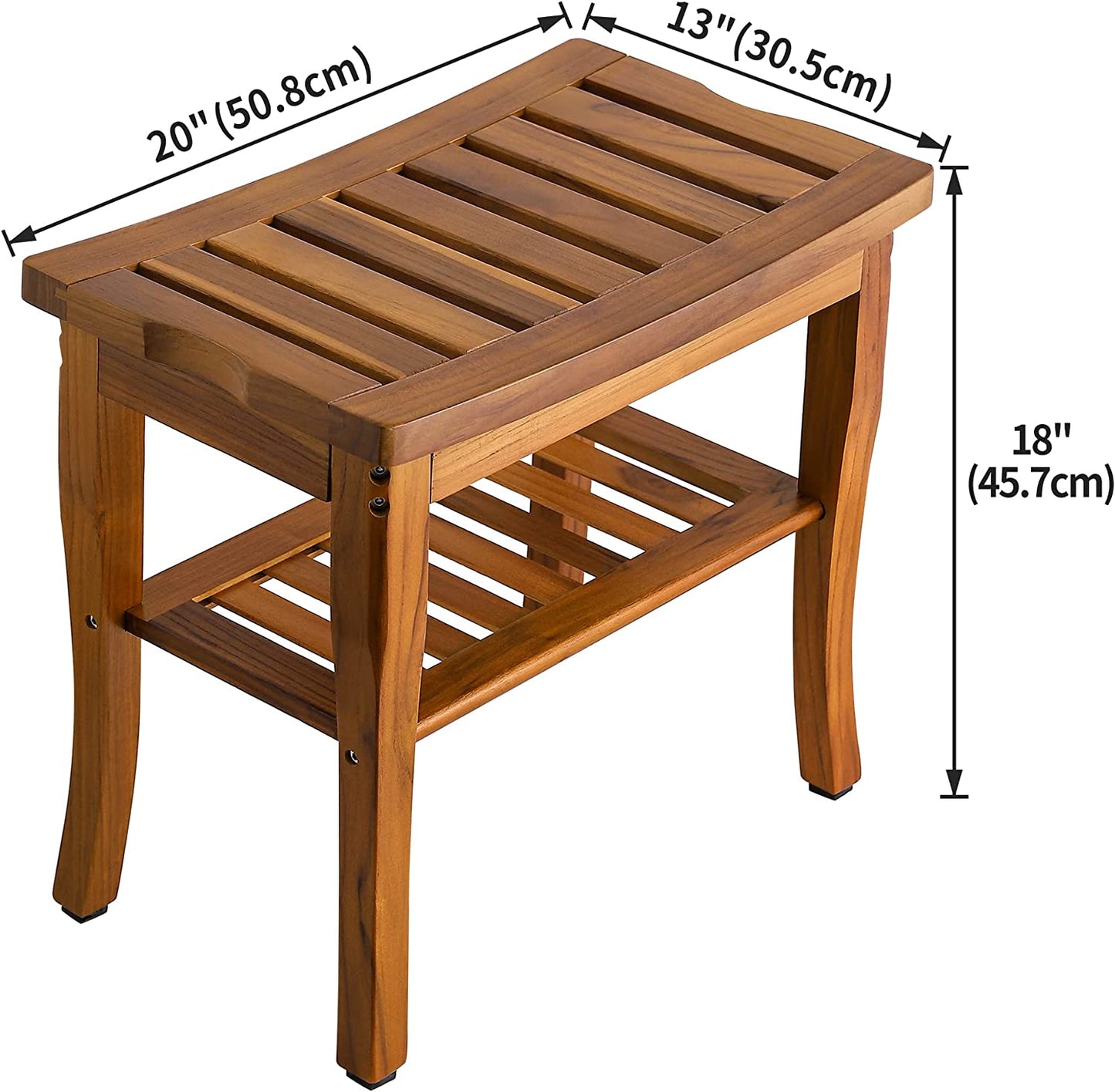 Teak Shower Bench, Spa Bath Shower Stool with Storage Shelf, Wooden Seat Stool for Bathroom