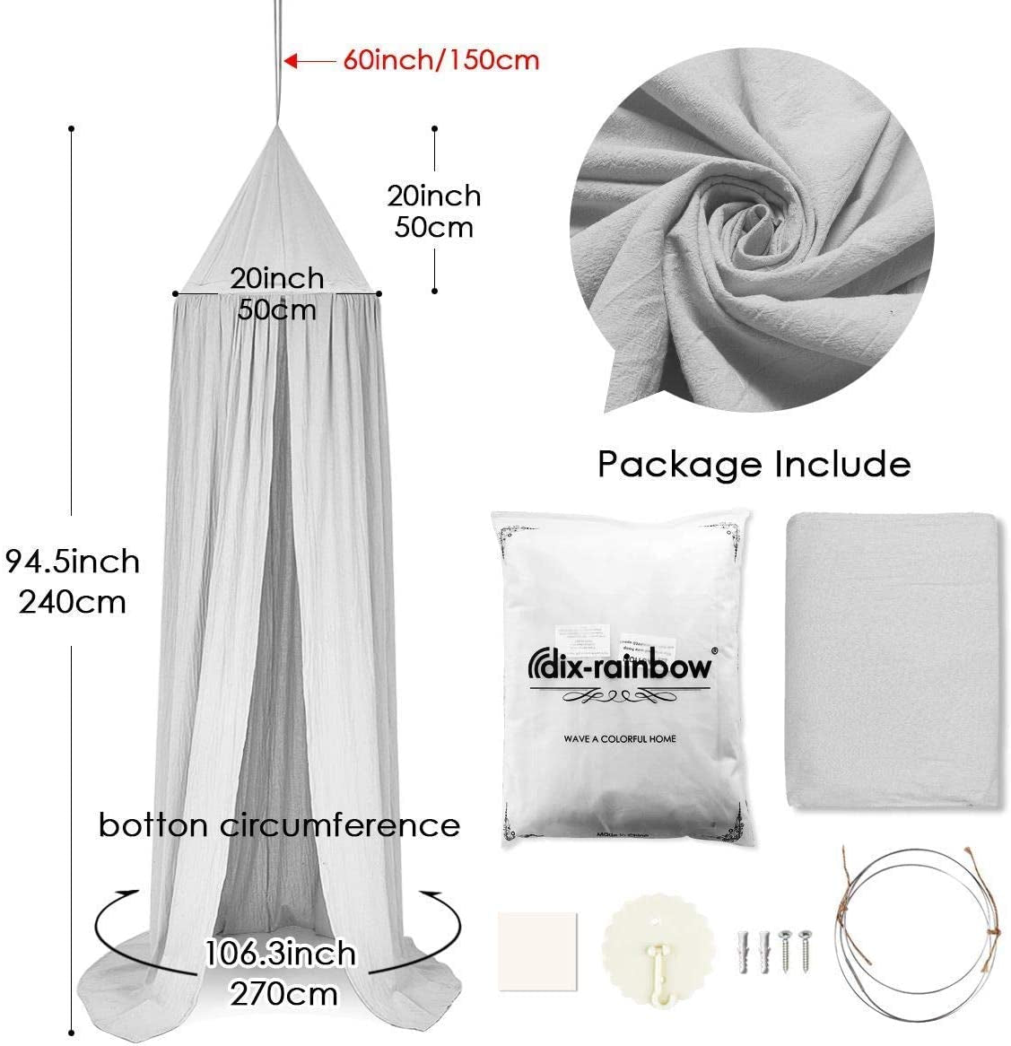 Dix-Rainbow Children Bed Canopy Grey round Dome, Nursery Room Decorations, Cotton Net Bed Canopies Kids Play Tent for Baby, Height 240Cm/94.5In