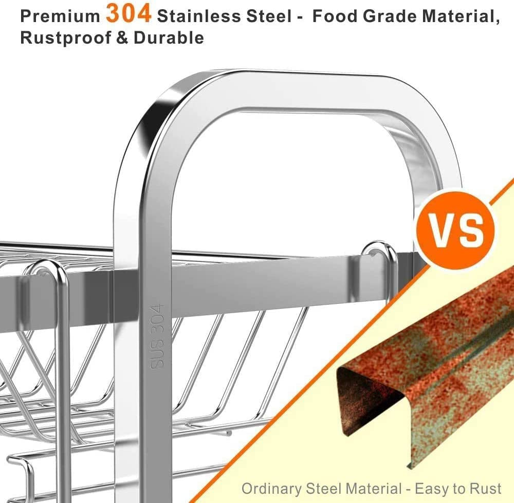 304 Stainless Steel Dish Drainer Rack, 2 Tier Dish Drying Rack for Kitchen Counter, Rust Proof Dish Drainers with Drip Tray, Dish Rack with Swivel Drainage Spout