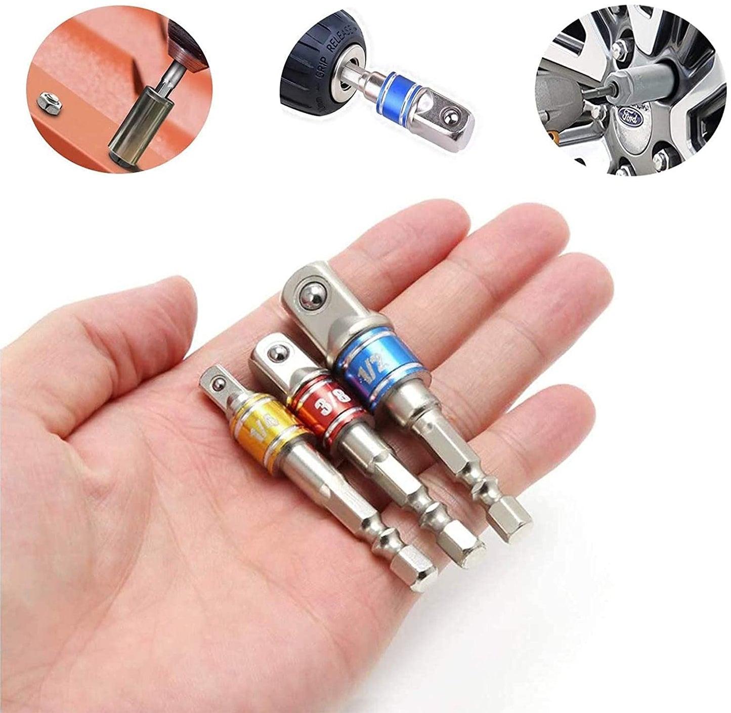 Set Power Hand Tools Driver,3 Pcs 1/4", 3/8", 1/2" Driver Extension Impact Grade Socket Adapter Set,Hex Shank Bit Square Nut Driver Set,For Automotive, Home Repair Tool Kits