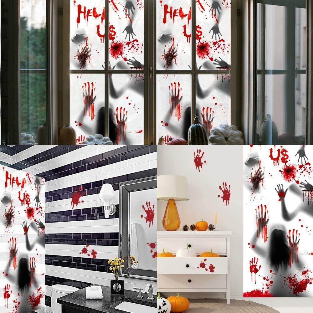 Halloween Window Decorations Zombie Posters - 3 Pcs Giant Bloody Handprints Zombie Silhouettes, Creepy Window Treatment Wall Decor Door Covers for Halloween Scary Haunted House Party Decorations