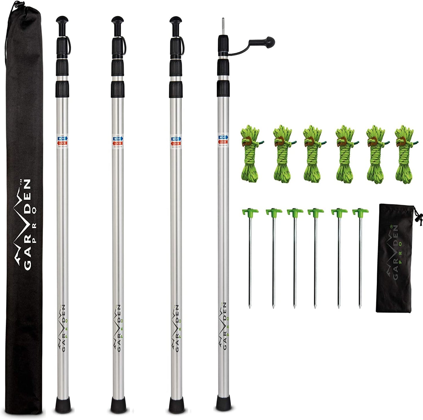 Set of 4 Telescoping Tarp Poles | Replacement Canopy Adjustable Aluminum Rods, Portable & Lightweight for Tent Fly, Awning, Outdoor Camping, Hiking, Backpacking & Rainfly + 6 Pegs & 6 Reflective Ropes