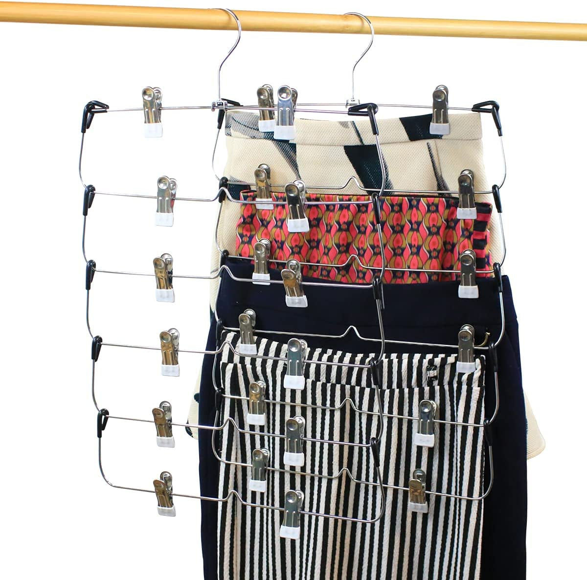 6 Tier Trouser Hangers with Clips, 2 Pack Strong & Durable Chrome Metal Skirt Hangers - Space Saving, Multi Hanger with Non Slip Adjustable Clip for Trousers, Hang Skirts Pants Jeans