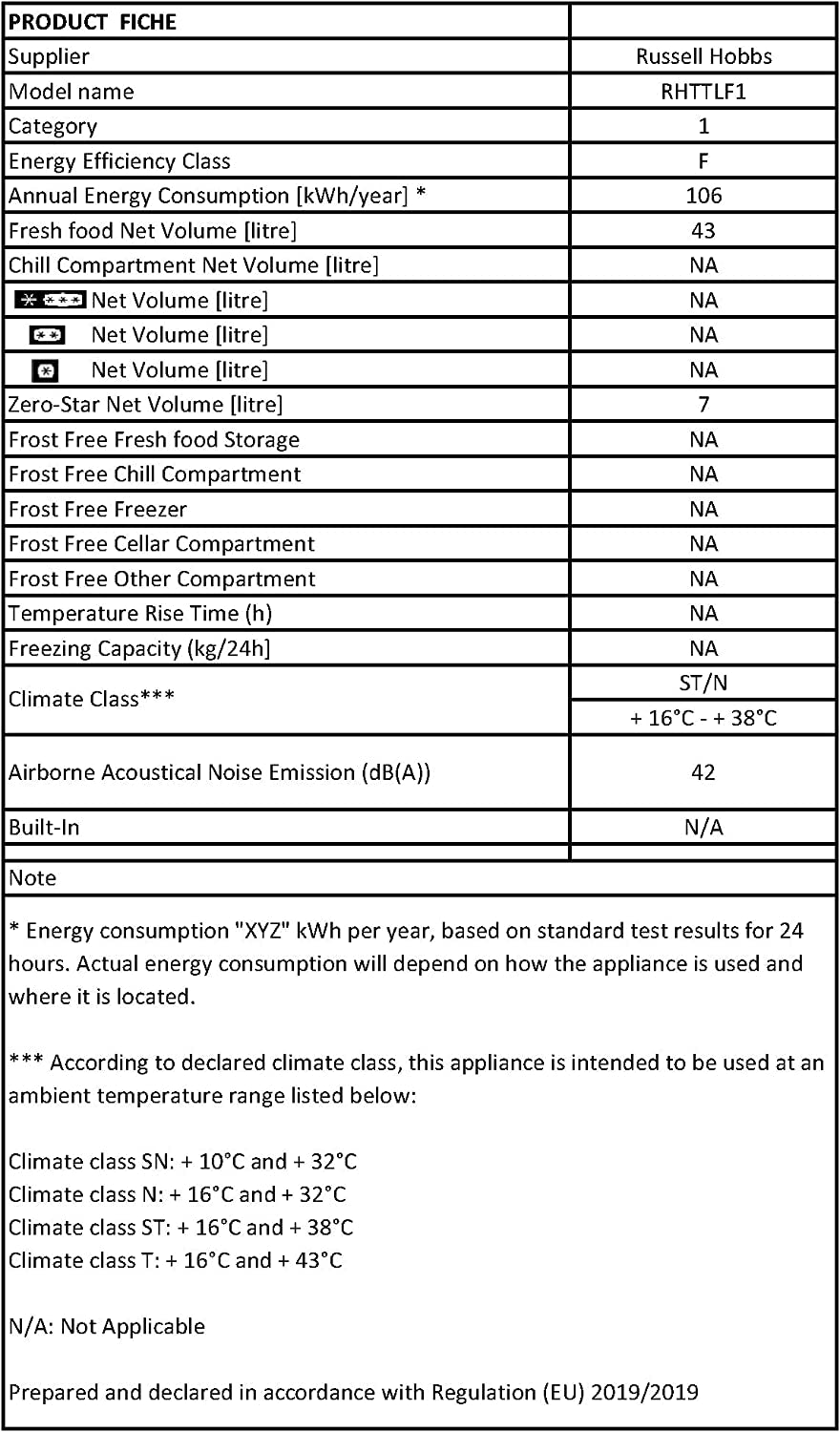 RHTTLF1 43L Table Top F Energy Rating Fridge White