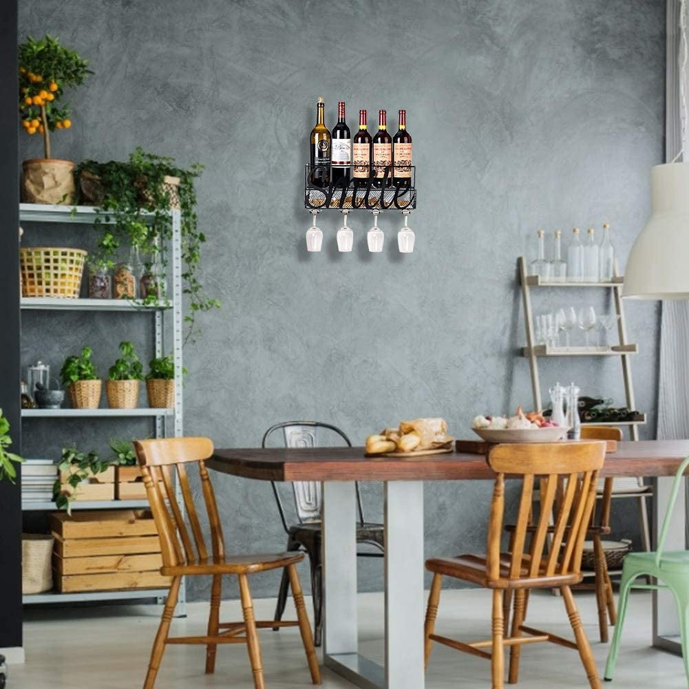 Wall Mounted Metal Wine Rack, Champagne Drink Storage Racks with 4 Long Stem Glass Holders.