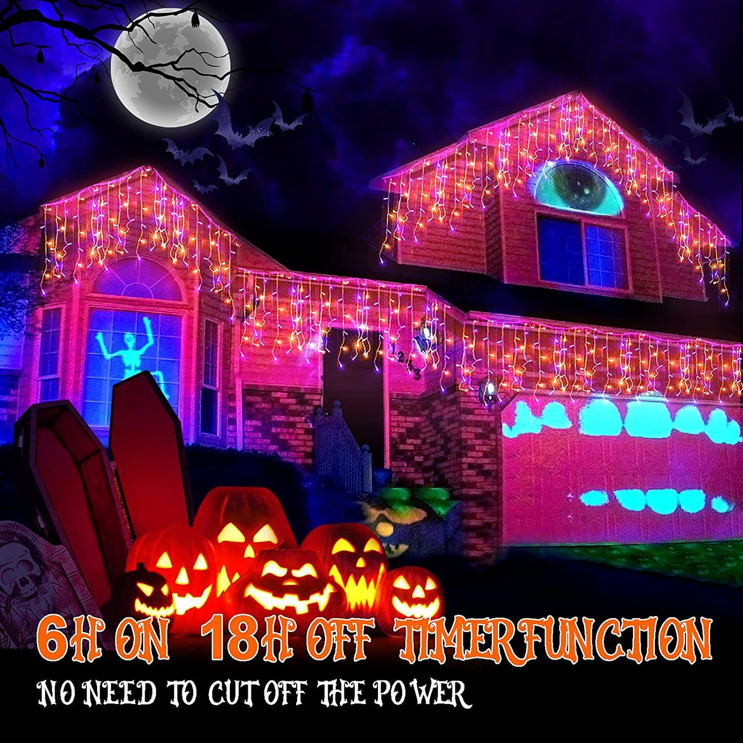 Halloween Lights 640 LED Icicle Lights Outdoor Decorations 66FT Waterproof Fairy Lights Plug in 120 Drops 8 Modes Timer String Lights for Home Roof Window Garden Yard Patio Decor (Purple & Orange)
