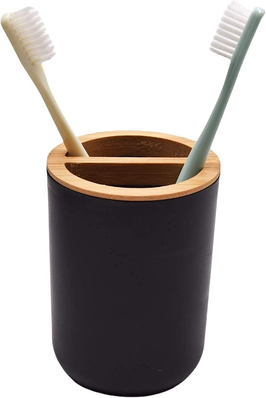 Belcka - 6 Pieces Bamboo Bathroom Accessories- Bathroom Bin and Toilet Brush Set- Durable Toothbrush Holder Cup- Soap Dispenser with Pump- Soap Dish Holder- Modern Trash Can- Black