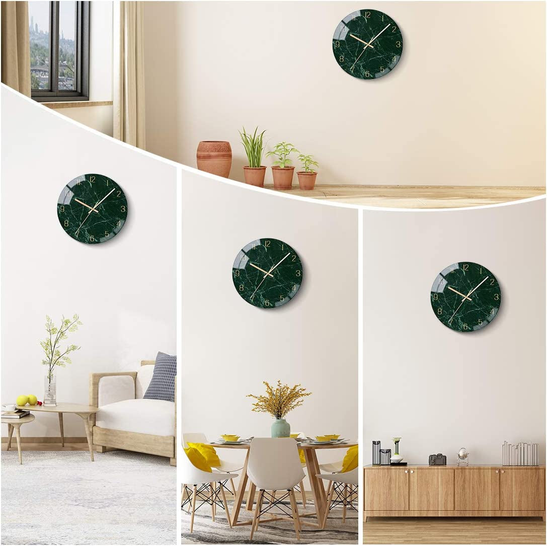 Glass Wall Clock Silent Non Ticking Wall Clocks- 12 Inch Quality Quartz Battery Operated round Easy to Read Home/Office/Classroom/School Clock (Dark Green)
