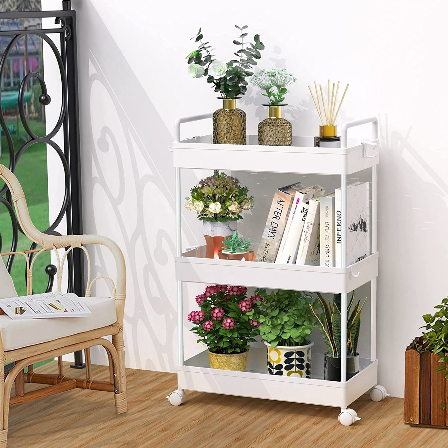3-Tier Storage Trolley Cart Slide-Out Rolling Utility Cart Mobile Storage Shelving Organizer for Kitchen, Bathroom, Laundry Room, Bedroom, Narrow Places, Plastic,White