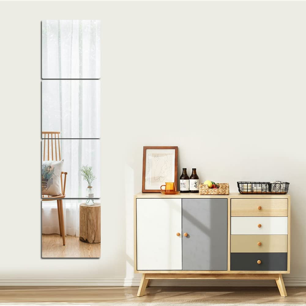 Full Length Wall Mirrors, Floor Mirrors for Walls 4Pcs 12"X12" Acrylic Plexiglass Body Mirror Wall-Mounted Frameless Wardrobe Door Large Long Mirror Home Workout Gym Mirror Dorm Tile Self Adhesive