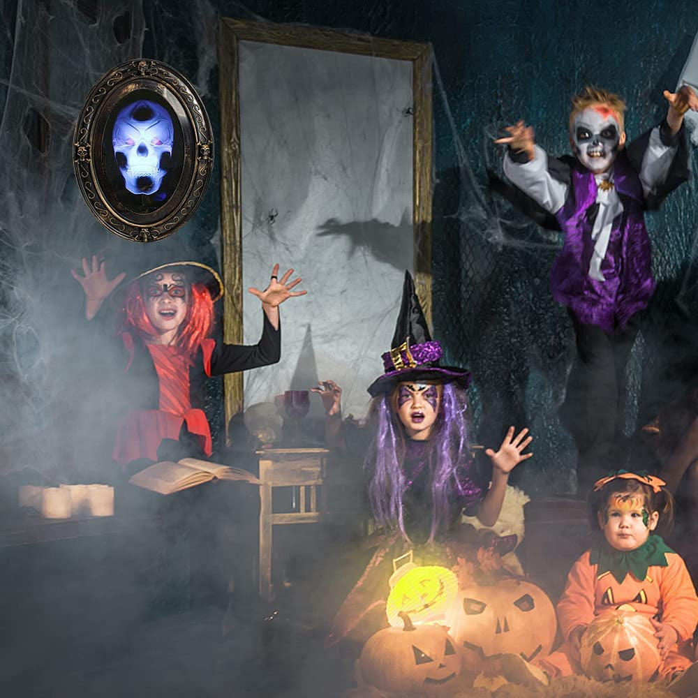 Halloween Haunted Mirror, Speaking Halloween Mirror Decoration, Scary Spooky Face Halloween Horror Skull Horrible Mirror with Motion Sensor, Light, Creepy Sound, Indoor Halloween Party Prop