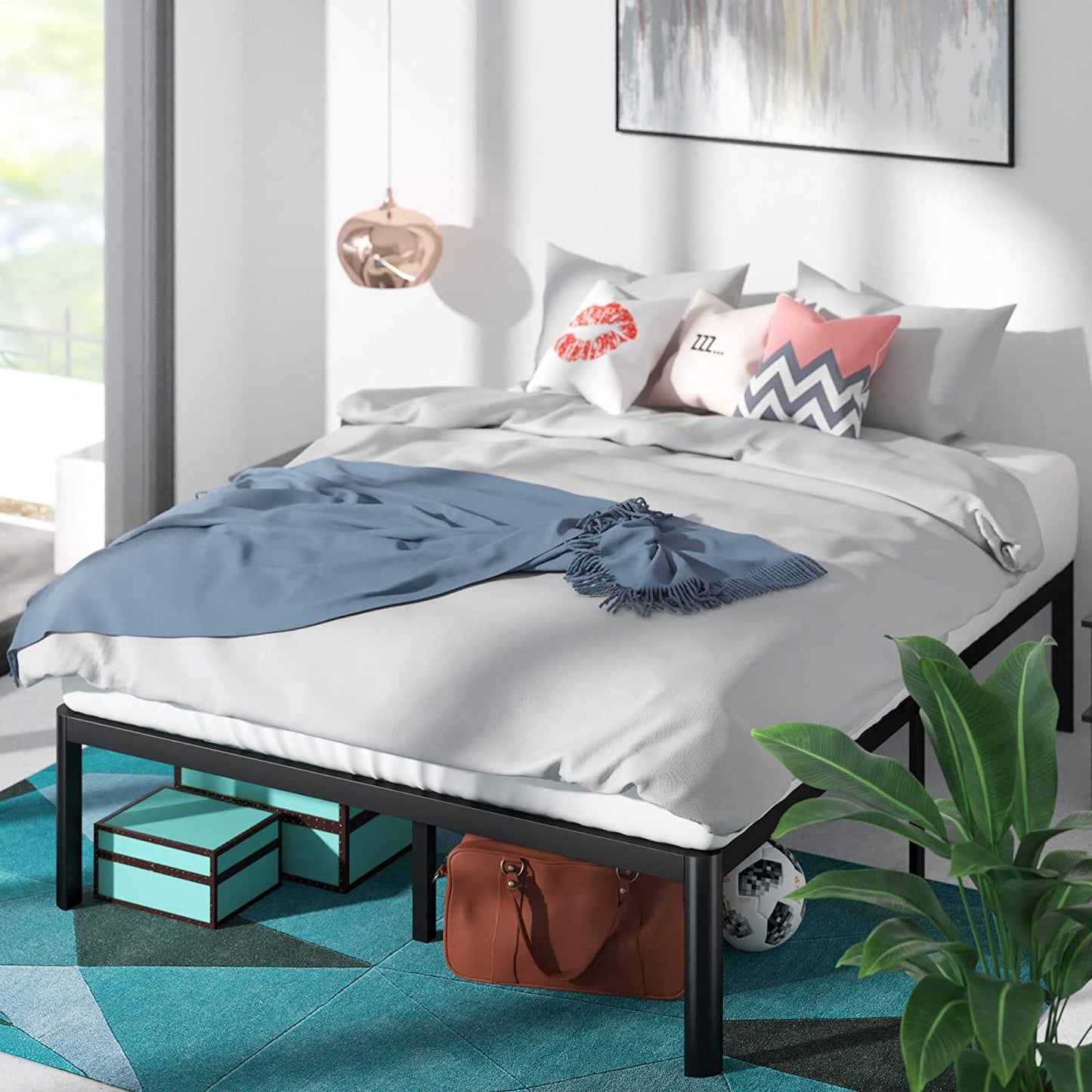 Van 41 Cm Metal Platform Bed Frame | Steel Slat Support | Easy Assembly | under Bed Storage | Double | Black