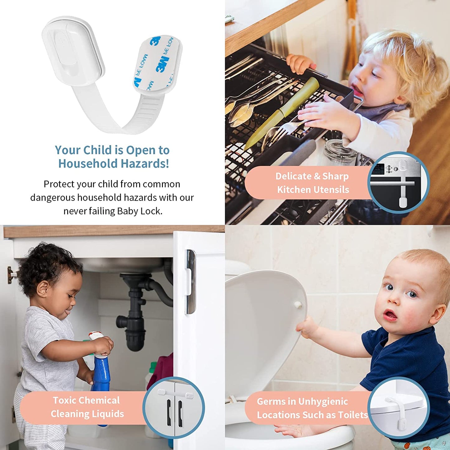 Child Safety Cupboard Locks,6 Pack Adjustable Baby Cupboard Safety Locks,Child Proof Locks with No Drilling Needed & Strong Adhesives for Cabinet,Fridge, Freezer,Drawers, Dishwasher, Toilet