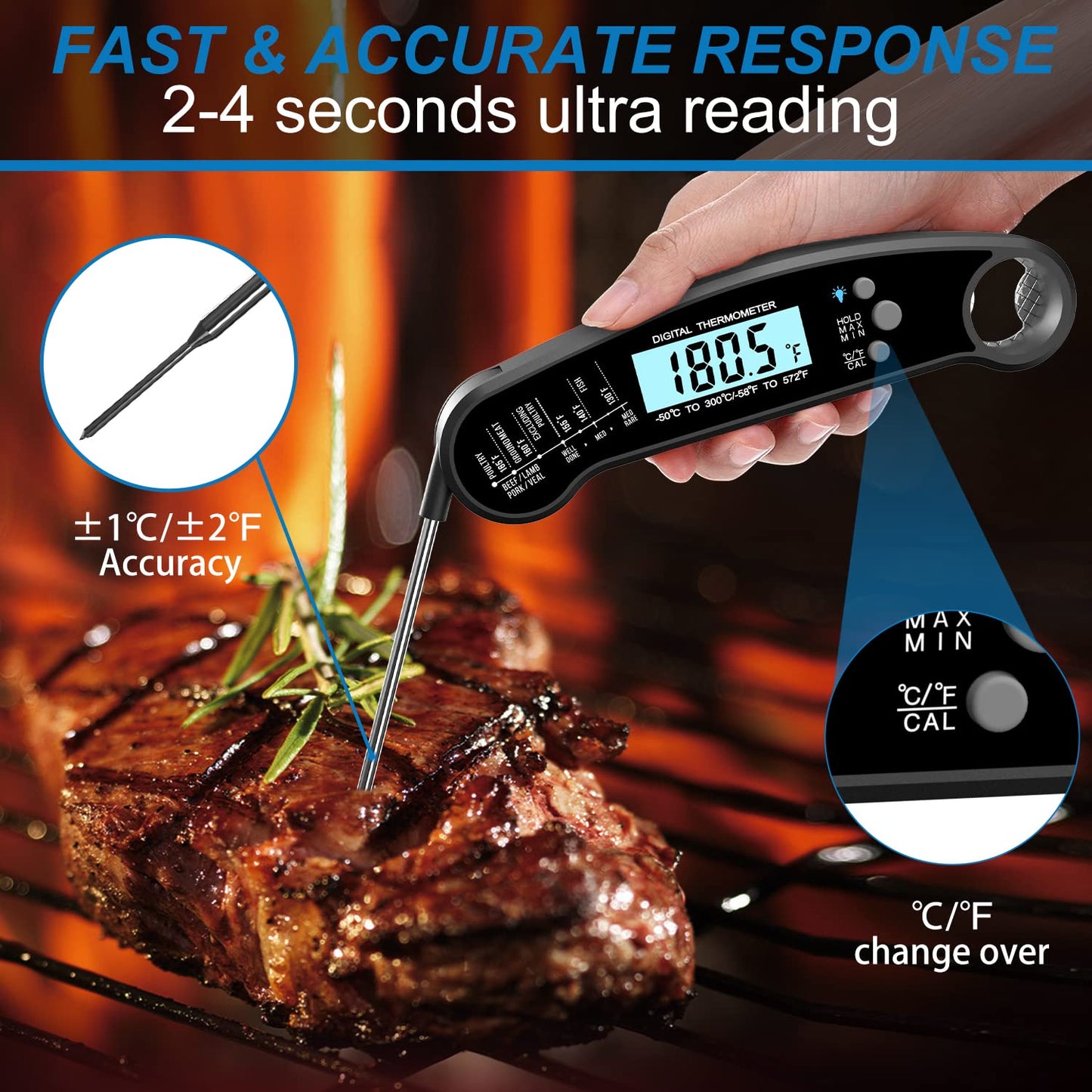 Meat Thermometer with Probe - Instant Read Waterproof Kitchen Digital Food Thermometer for Cooking, Baking, Liquids, Candy, Grilling BBQ & Air Fryer