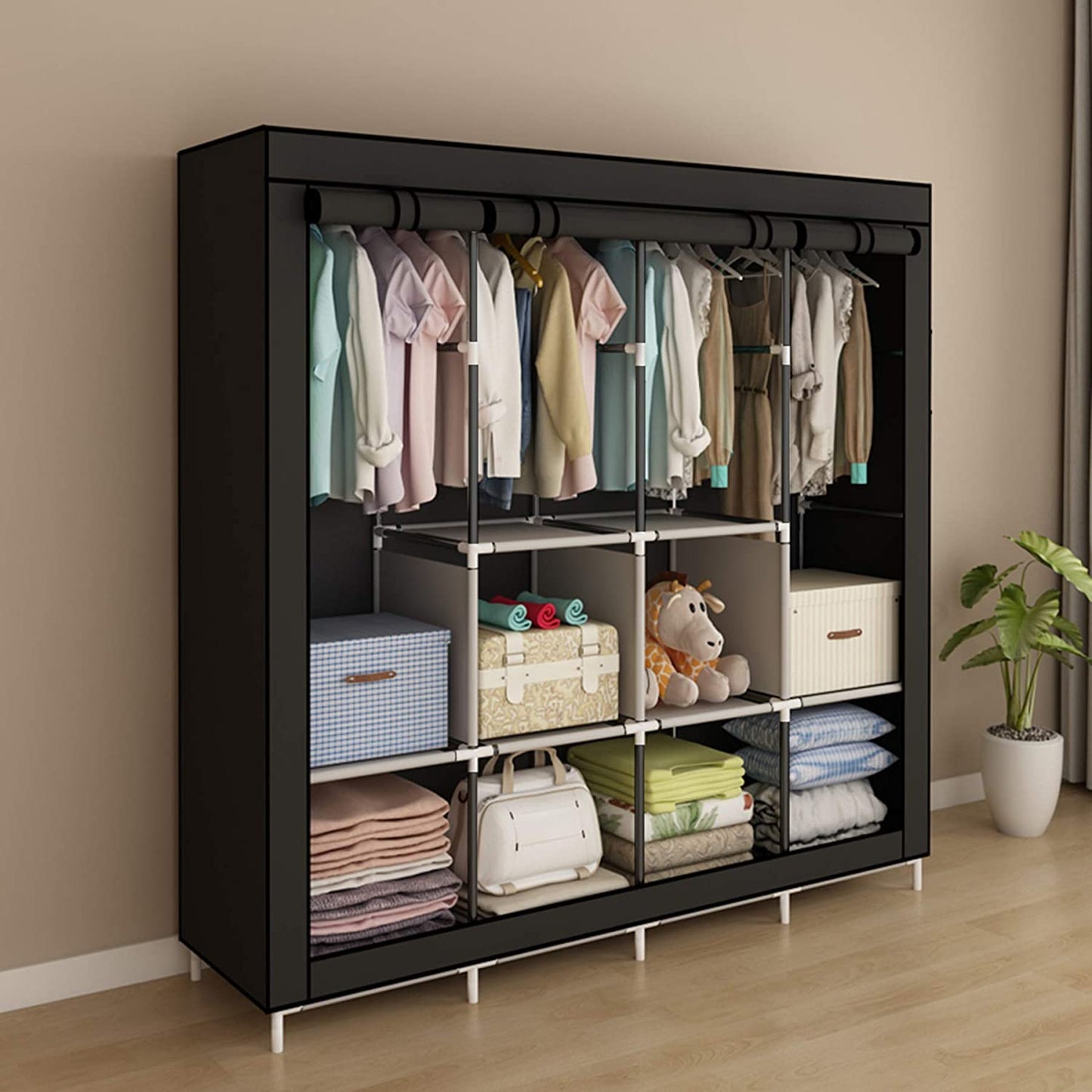 Portable Wardrobe Clothing Wardrobe Shelves Clothes Storage Organiser with 4 Hanging Rail,Black