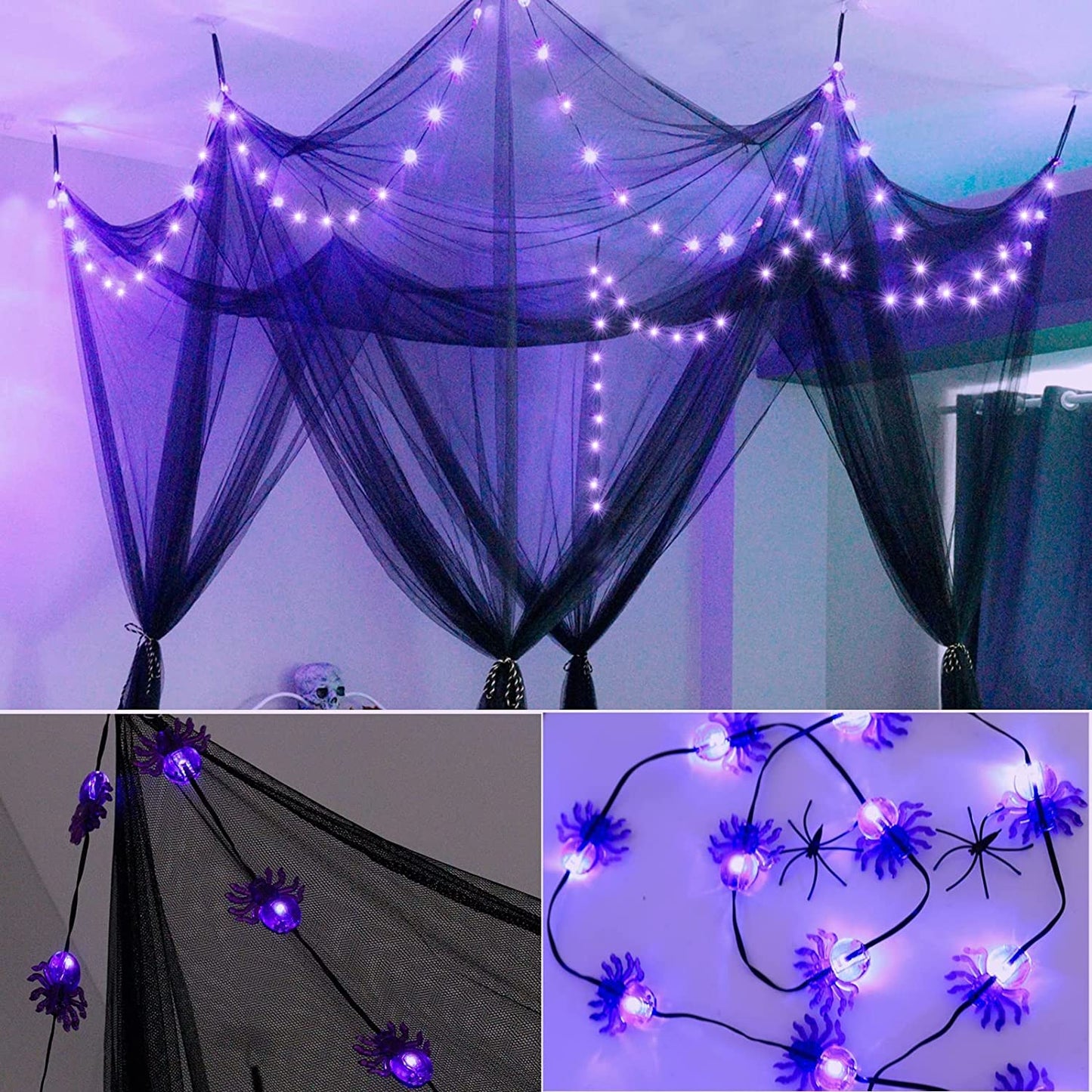 Black Bed Canopy with Spider String Lights for Halloween Decor, 4 Corner Gothic Canopy Bed Curtains 100 LED Purple Lights Battery USB Powered for Twin Full Queen King Bed Bedroom Home Decoration