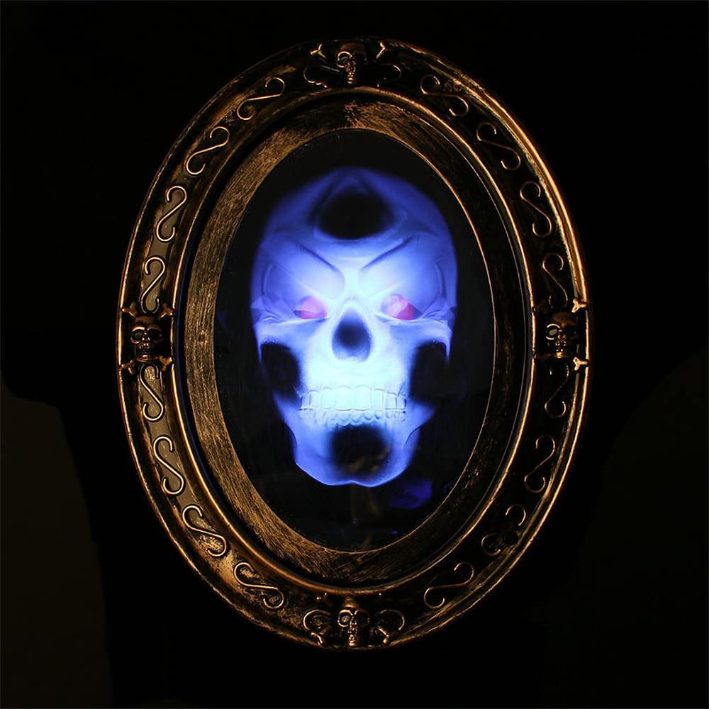 Halloween Haunted Mirror, Speaking Halloween Mirror Decoration, Scary Spooky Face Halloween Horror Skull Horrible Mirror with Motion Sensor, Light, Creepy Sound, Indoor Halloween Party Prop