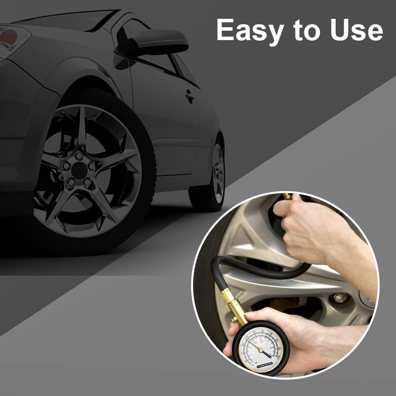 Tyre Pressure Gauge 100 Psi 7 Bar, Accurate Car Tyre Gauges with Flexible Hose Glow Dial, Mechanical Air Pressure Meter for Schrader Valve of Bike, Motorcycle, Car, SUV