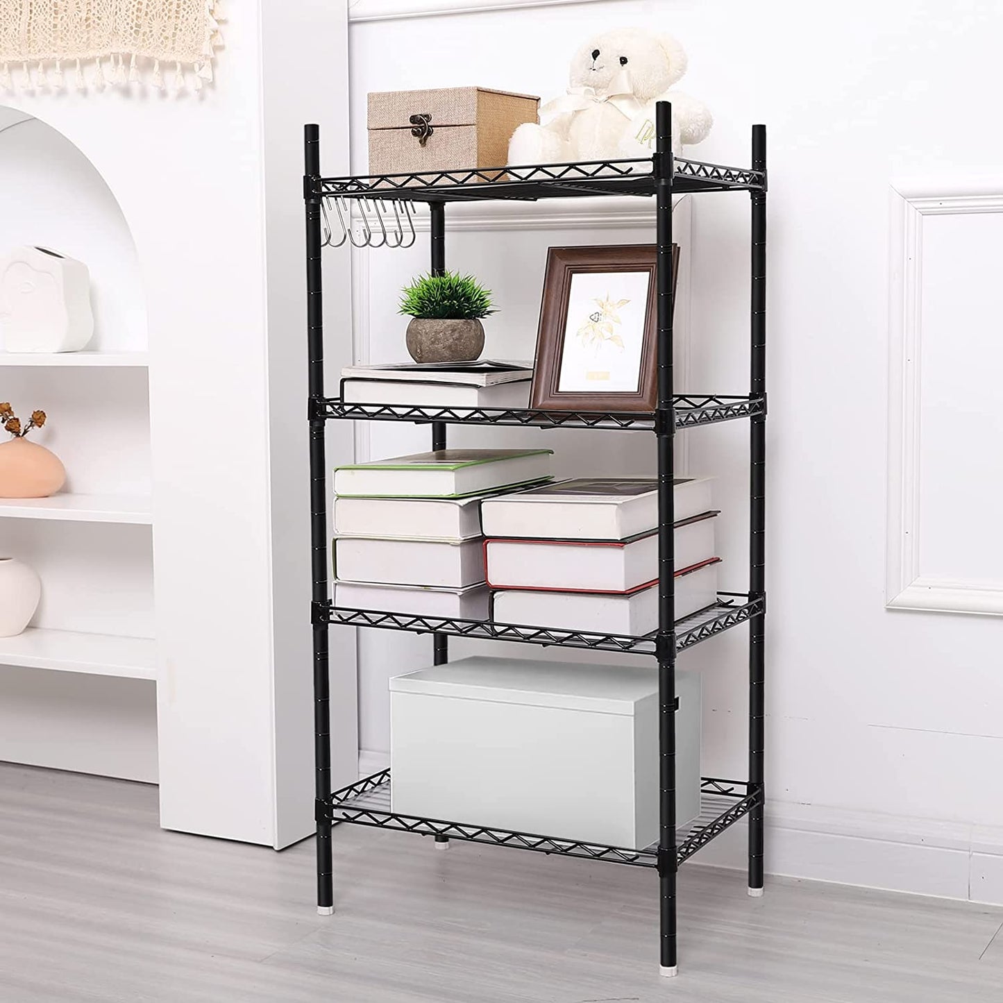 4 Tier Shelving Unit, Metal Shelving Unit Free Standing Small Storage Rack with 4 Hooks, Wire Organisation Racking Shelves for for Pantry Kitchen Livingroom Bathroom Office, 45*30*90 CM
