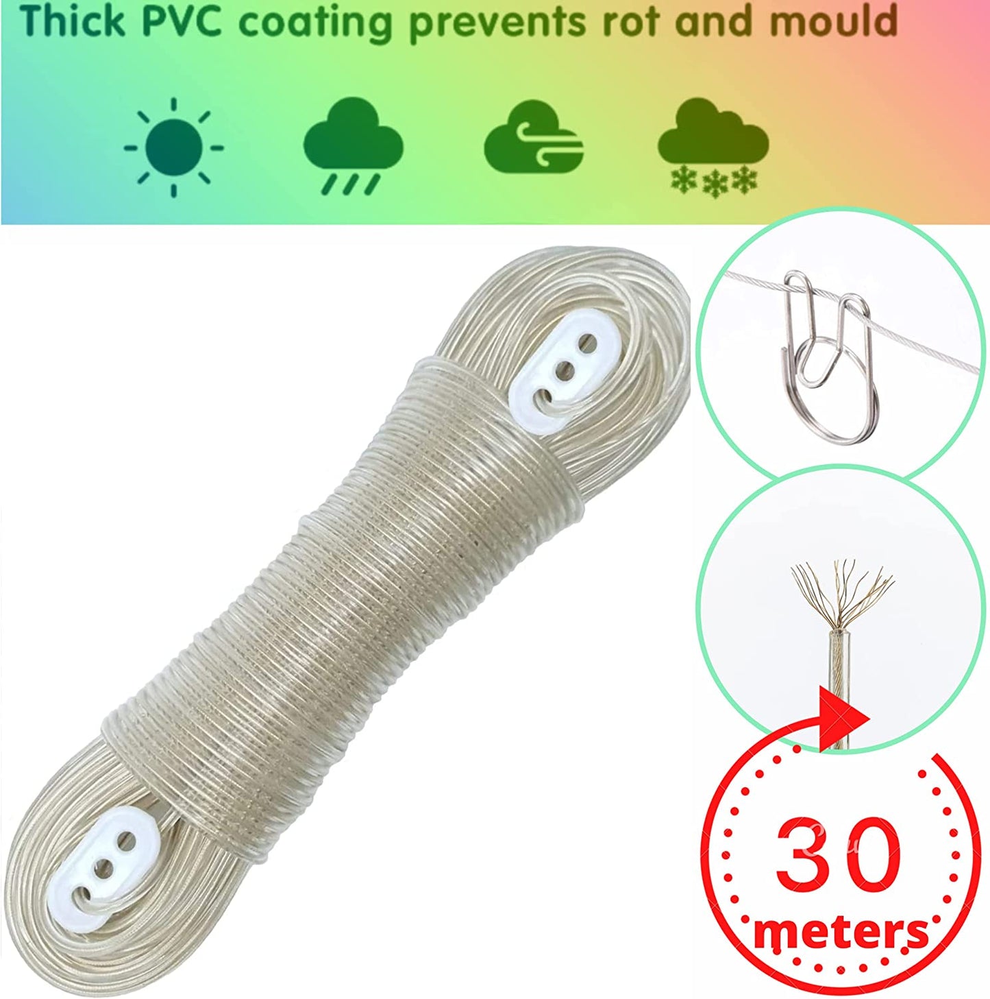 Wikki Washing Line Rope 30M, Clothes Steel Core Heavy Duty, Lines, Strong Lines Outdoor Garden for Outside, 30M Aprox 100Ft(Transparent), White (YTH-01)