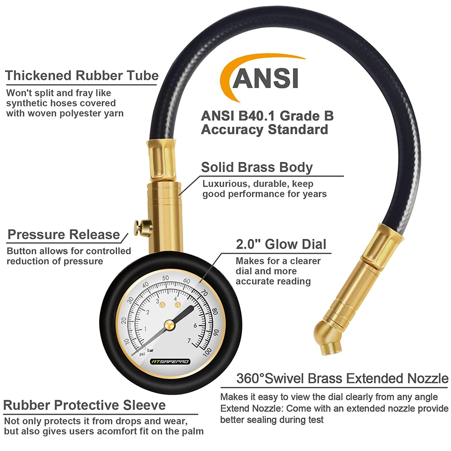 Tyre Pressure Gauge 100 Psi 7 Bar, Accurate Car Tyre Gauges with Flexible Hose Glow Dial, Mechanical Air Pressure Meter for Schrader Valve of Bike, Motorcycle, Car, SUV