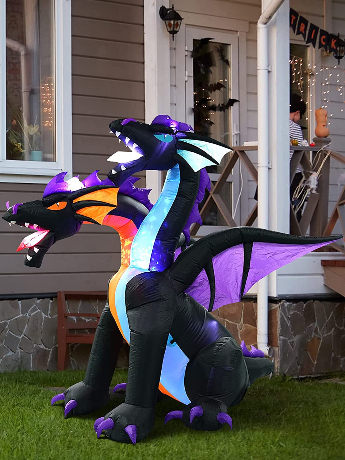 7Ft Halloween Inflatable Decoration 2-Headed Dragon, Giant Animated Fire & Ice Dragon Yard Lawn Outdoor Decoration with Build-In Lights for Holiday Party…