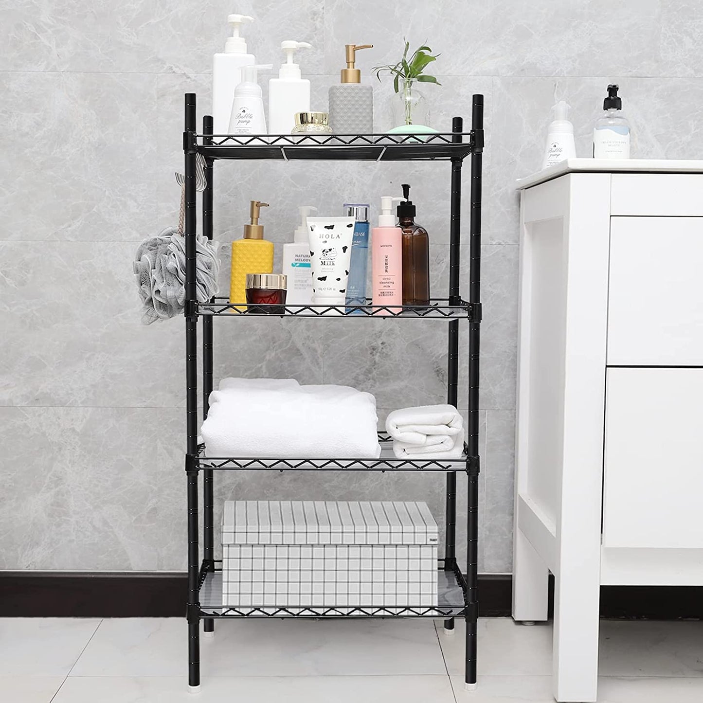 4 Tier Shelving Unit, Metal Shelving Unit Free Standing Small Storage Rack with 4 Hooks, Wire Organisation Racking Shelves for for Pantry Kitchen Livingroom Bathroom Office, 45*30*90 CM