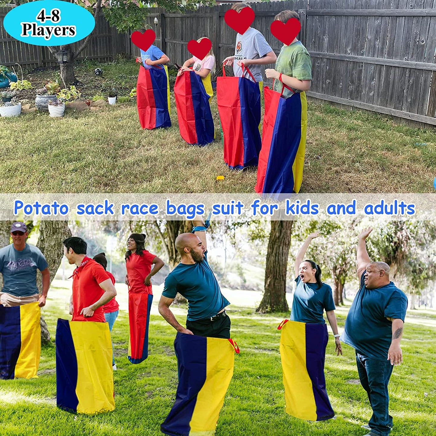 4-8 Player Potato Sack Race Bags Backyard Games for Kids and Adult, Field Day Birthday Party Outdoor Games for Kids Family,Carnival Games,Egg and Spoon Race,3 Legged Race,Relay Batons,Game Prizes