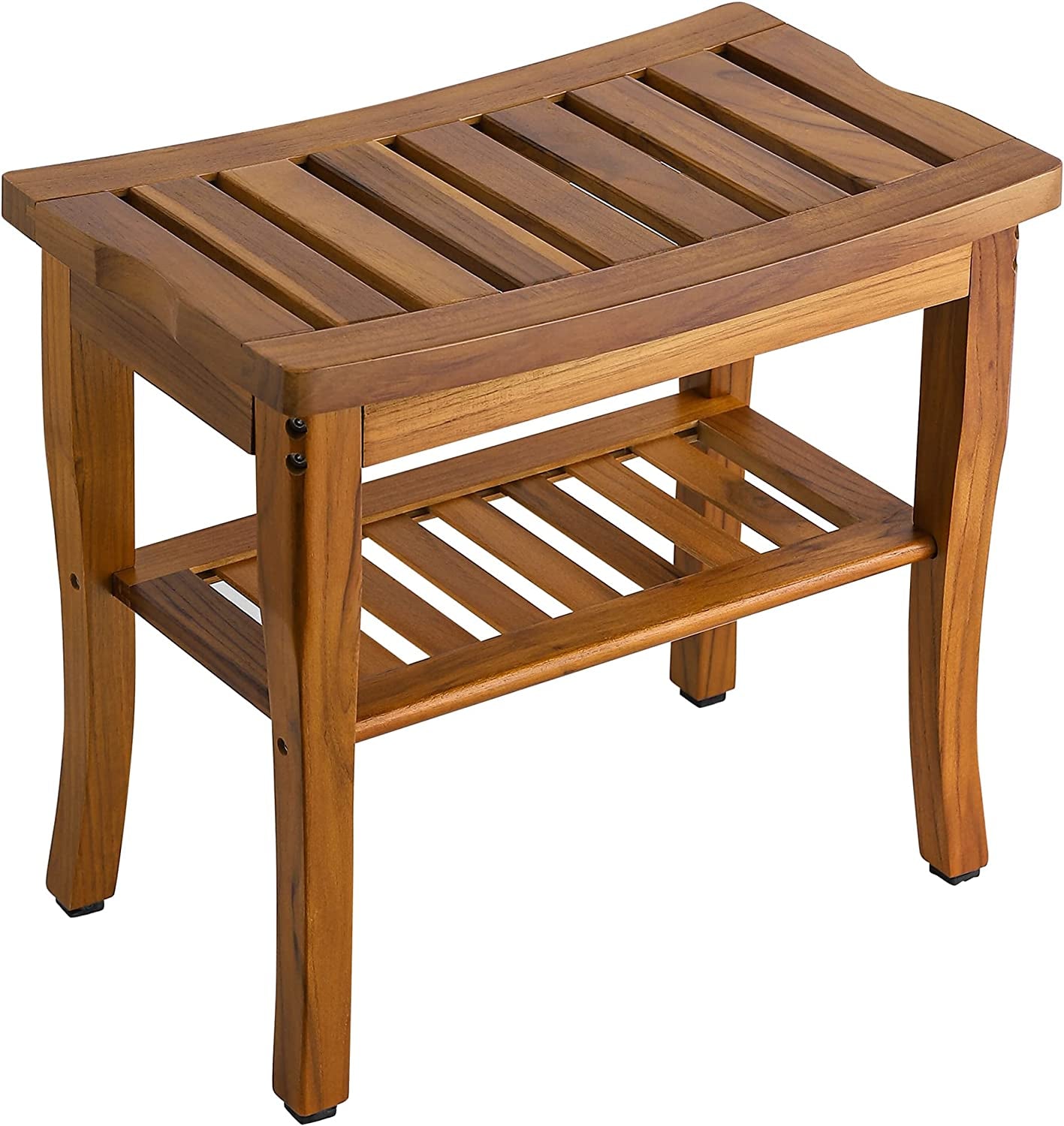 Teak Shower Bench, Spa Bath Shower Stool with Storage Shelf, Wooden Seat Stool for Bathroom