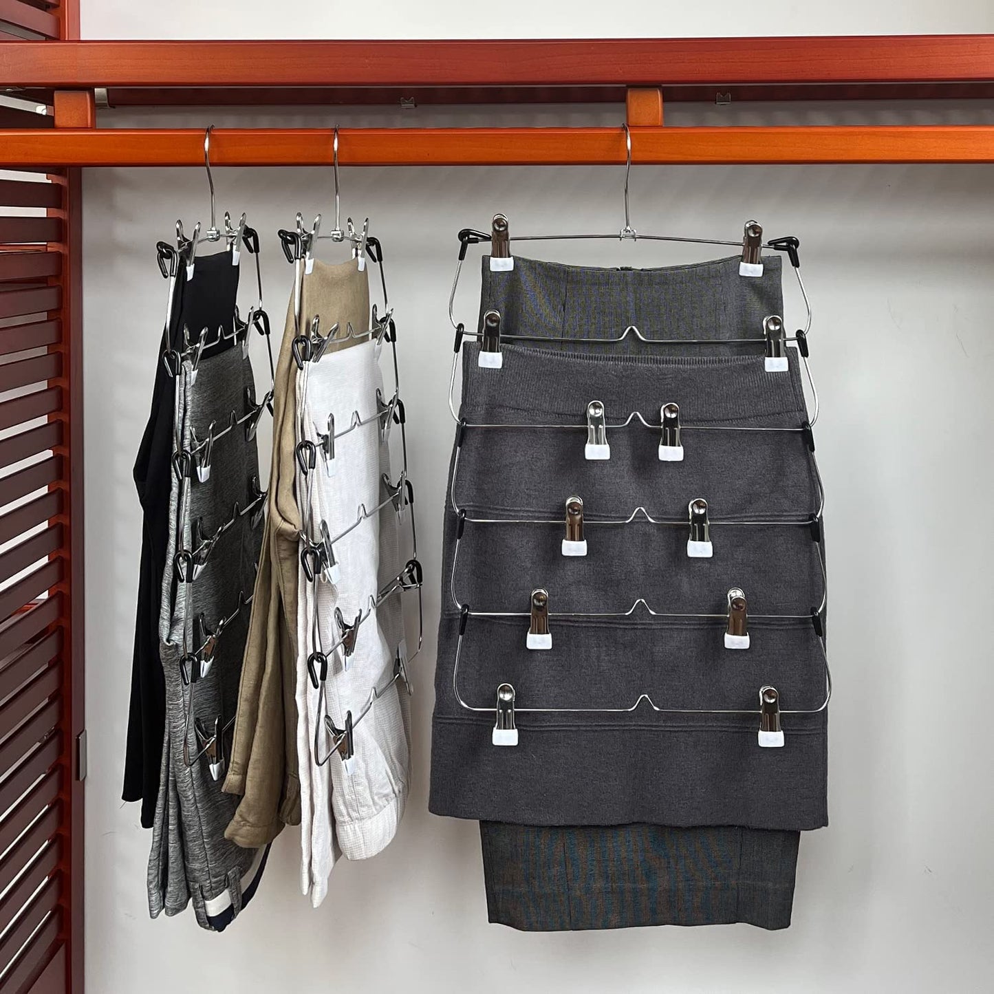 6 Tier Trouser Hangers with Clips, 2 Pack Strong & Durable Chrome Metal Skirt Hangers - Space Saving, Multi Hanger with Non Slip Adjustable Clip for Trousers, Hang Skirts Pants Jeans