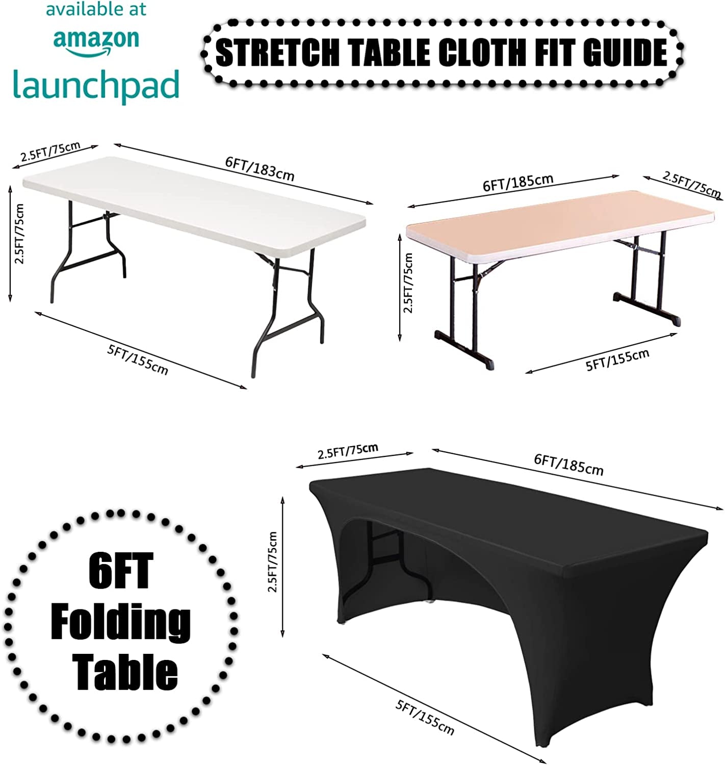 Stretchable Tablecloths 6Ft for Rectangle Tables with Open Back, Fitted Spandex Rectangular Patio Table Covers, Wedding, Party, Kitchen, Beauty Event Decoration-Black