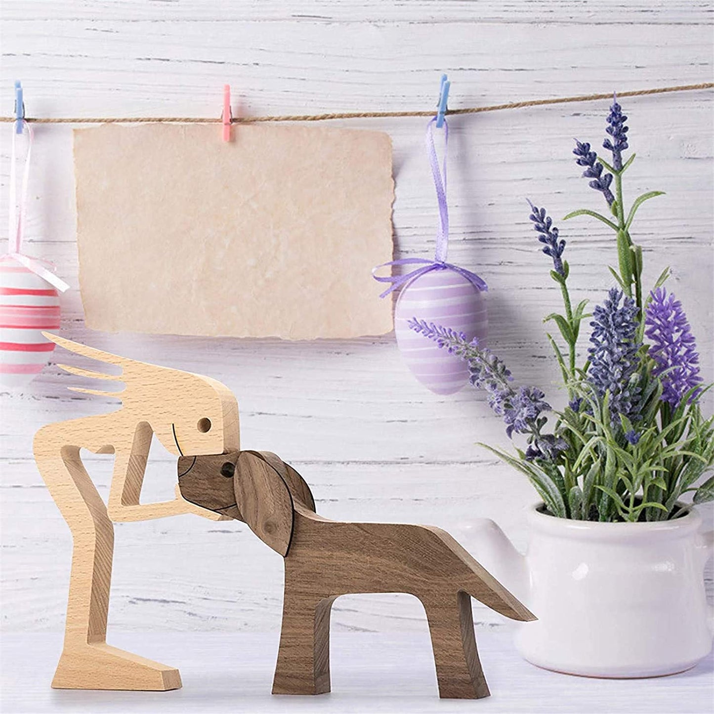 Family Puppy Wooden Carving Ornaments, Natural Solid Wood Pet Dog Family Crafts Sculpture, Hand-Carved Figure Creative Gifts for Home Office Desktop (Women and Dog)