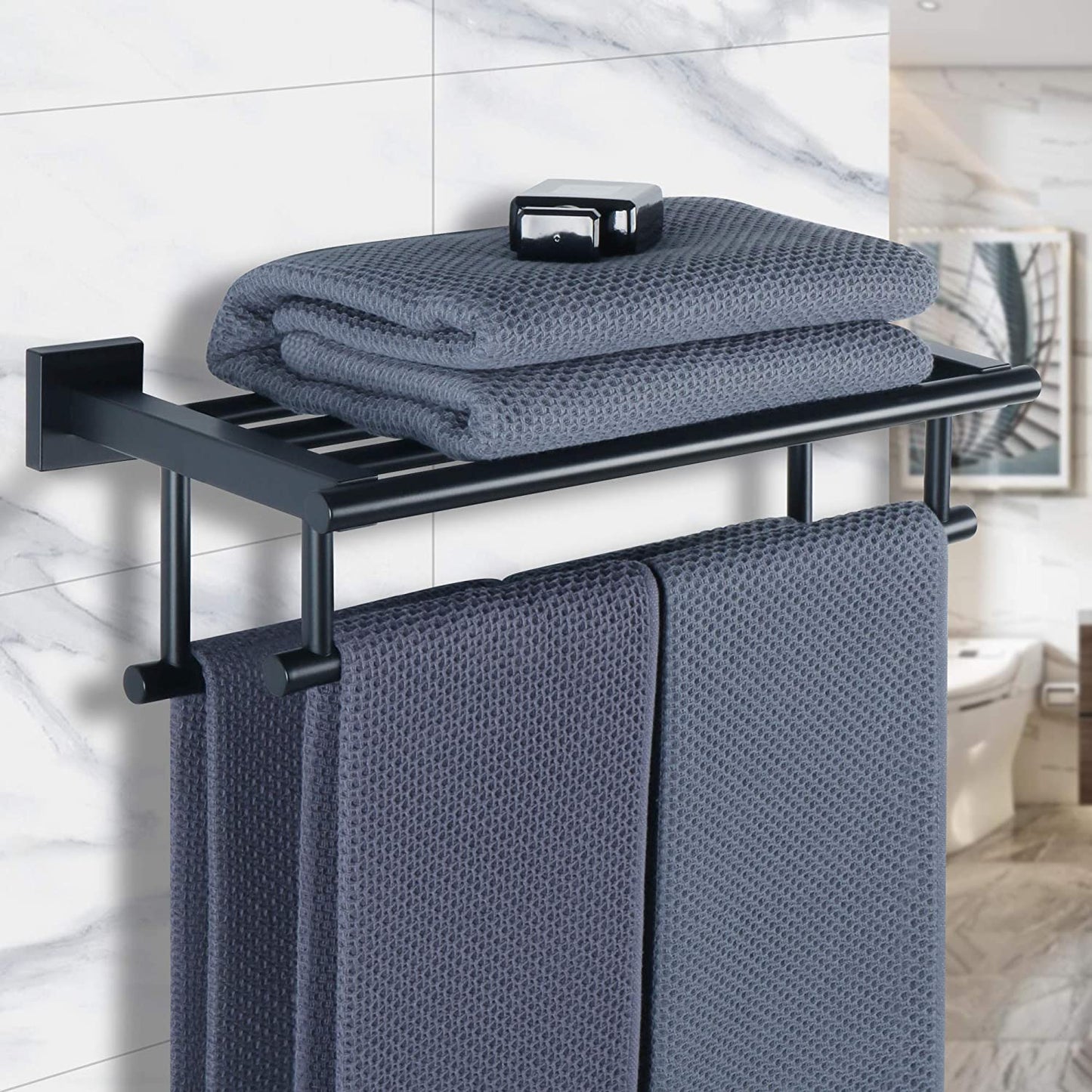16-Inch Black Towel Rail Wall Mounted SUS304 Stainless Steel Towel Rack Shelves Towel Holder with Double Towel Bars for Bathroom, EGZ8040-B