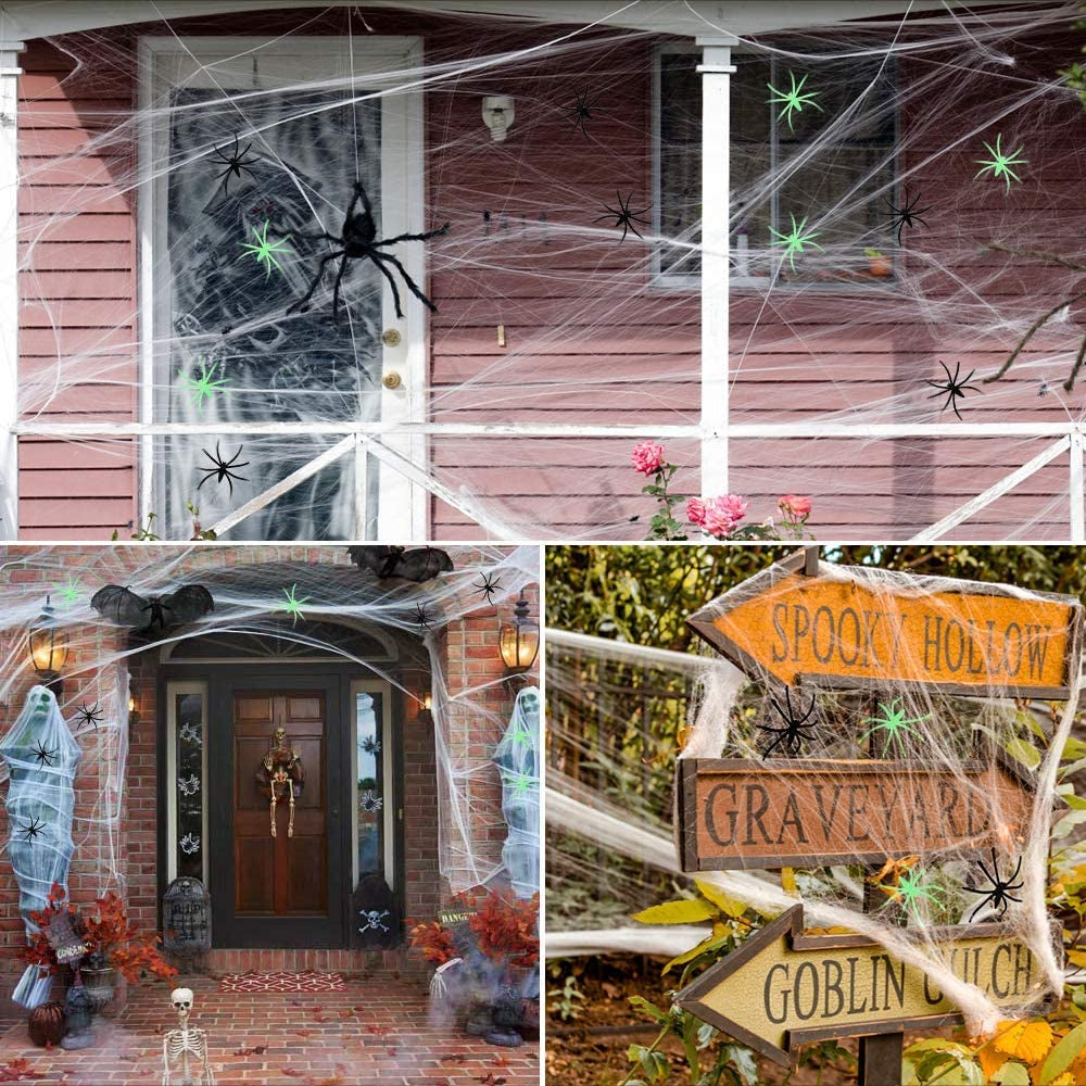 Halloween Decorations Spider Cobwebs - 1000Sqft Spider Webs +100 Black Spiders +50 Fluorescent Spiders, Indoor Outdoor Spooky Spider Webbing with Fake Spiders for Halloween Party Decorations