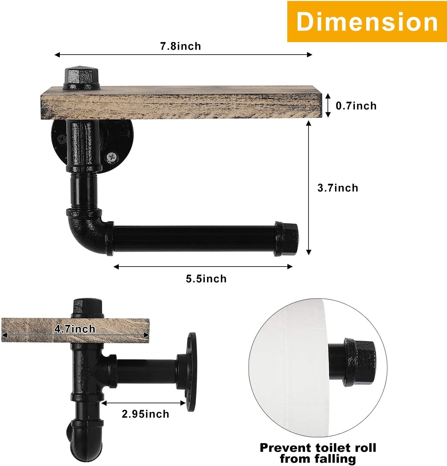 Industrial Tissue Holder,Wall Mounted Toilet Paper Holder with Wooden Shelf for Bathroom, Washroom and Cast Iron Pipe - Rustic Brown