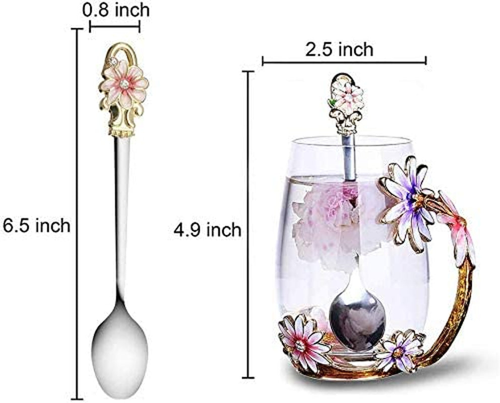 Handmade Enamel Butterfly Flower Glass Coffee Mugs Tea Cup with Spoon,Birthday Christmas Gifts for Her Women Mum Friends Teacher Valentines Mothers Day