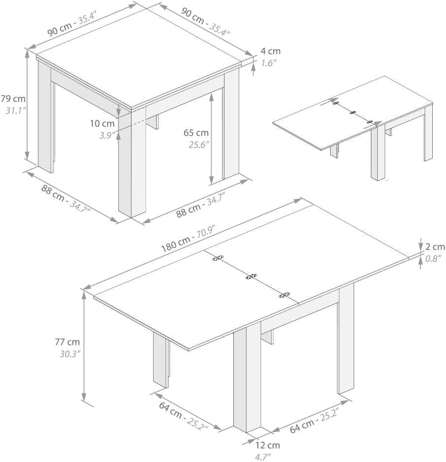 , Square Extendable Dining Table, Eldorado, White Ash, Laminate-Finished, Made in Italy