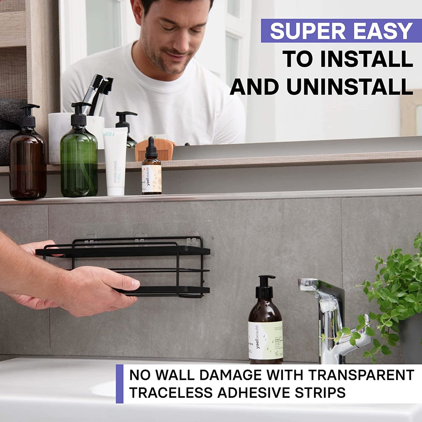 Shower Caddy Basket Shelf Pack of 2 - Adhesive Drill-Free Home Kitchen or Bathroom Organiser - Black Shower Storage Shelves - Bath Tray W/ Hooks for Accessories
