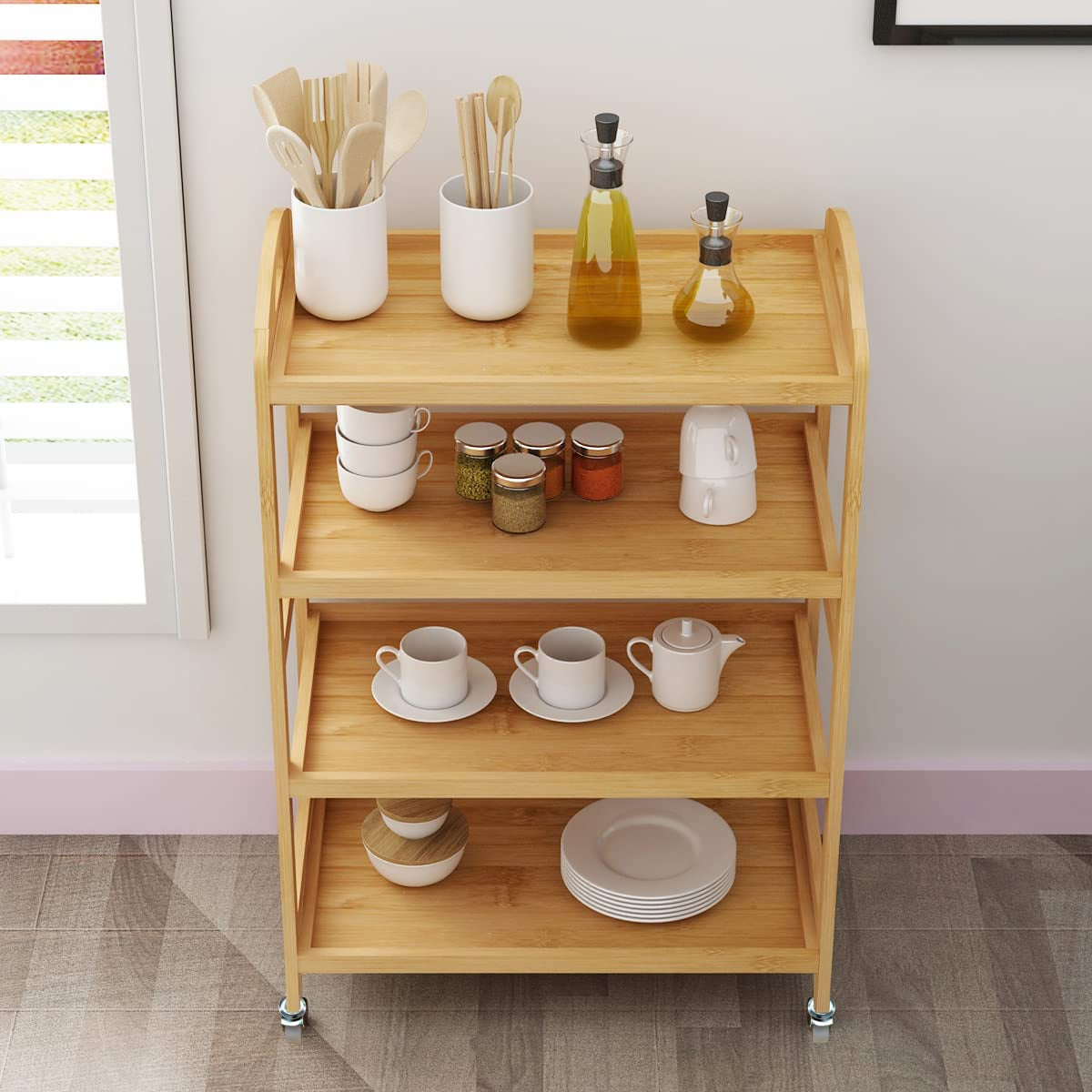 Bamboo Kitchen Serving Trolley Cart 4 Tier Kitchen Storage Rack Serving Trolley on Wheels Restaurant Storage, KS-ZC07-BH