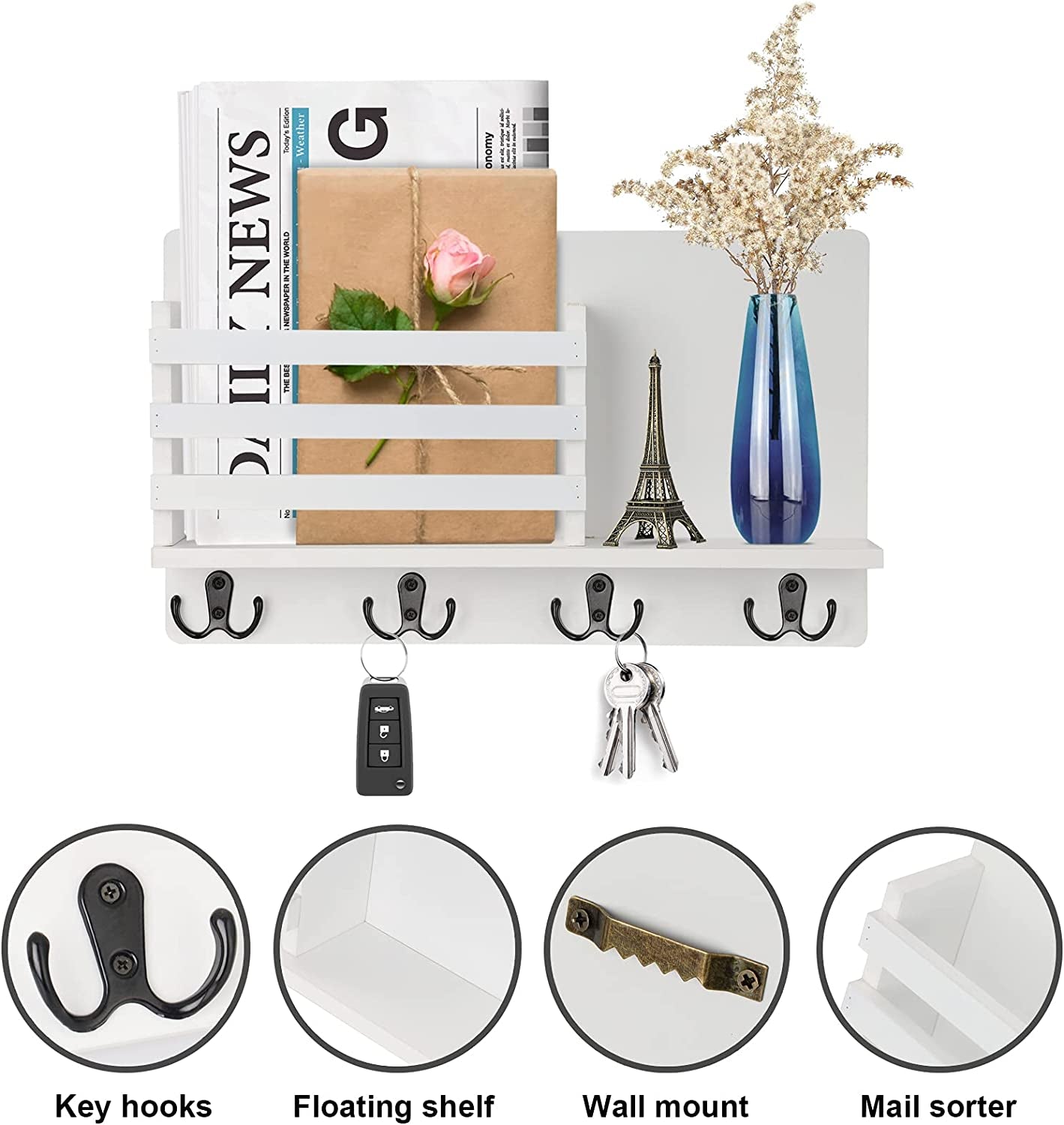 Wall Mount Entryway Key Holder Hooks,Wood Key Holder Organizer,Wall Mounted Mail Holder,Mail Envelope Organizer, Letter Sorter, Newspaper Storage, Ornament Home Decorative Floating Shelf (White)