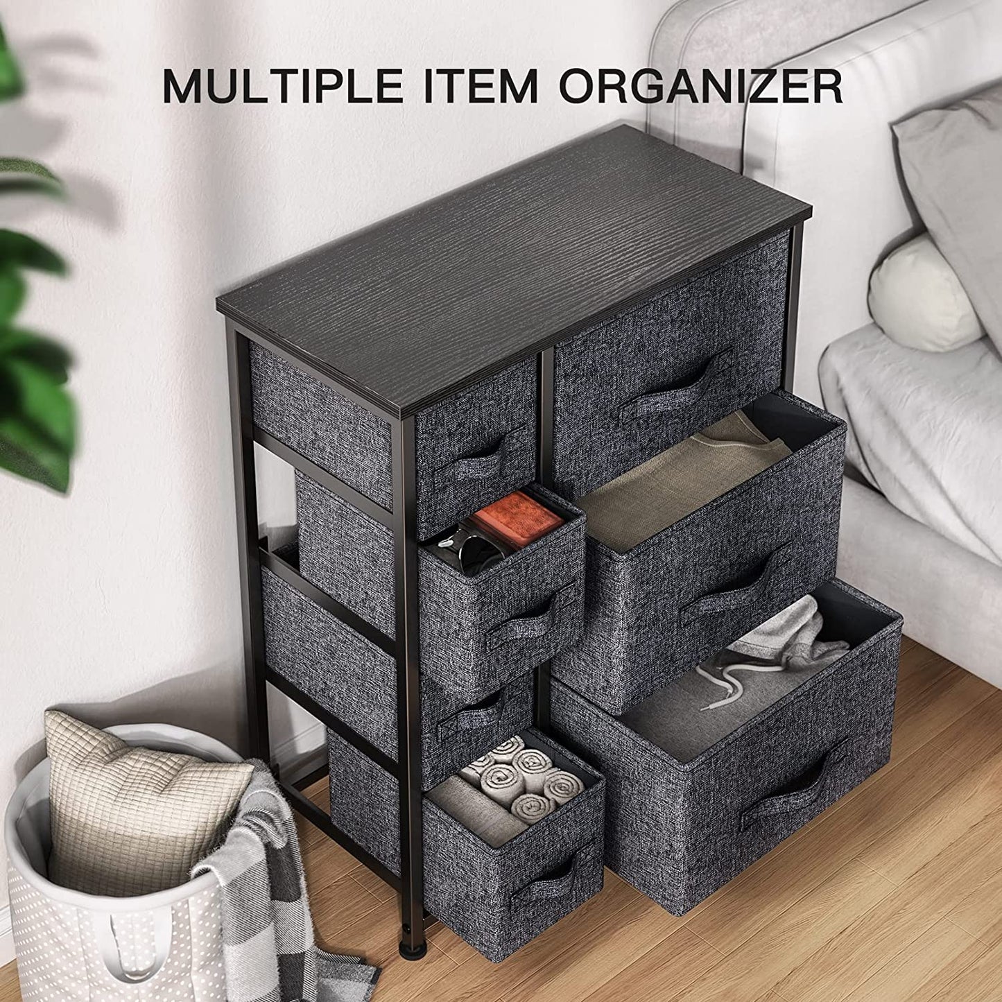 Chest of Drawers, Fabric Storage Drawers with Wood Top and Large Storage Space, Vertical Chest of 7 Drawers Easy to Install Room Organizer, Living Room, Nursery Room, Hallway, Black