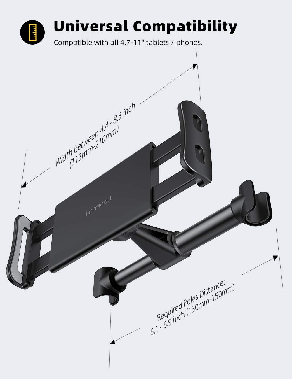Car Tablet Holder, Car Headrest Mount - Universal 360 Rotating Car Seat Stand Cradle for All 4.4~11" Tablets, Ipad Pro 9.7, 10.5, Ipad Air Mini 2 3 4 5 6, Iphone, Switch, Tab - Black