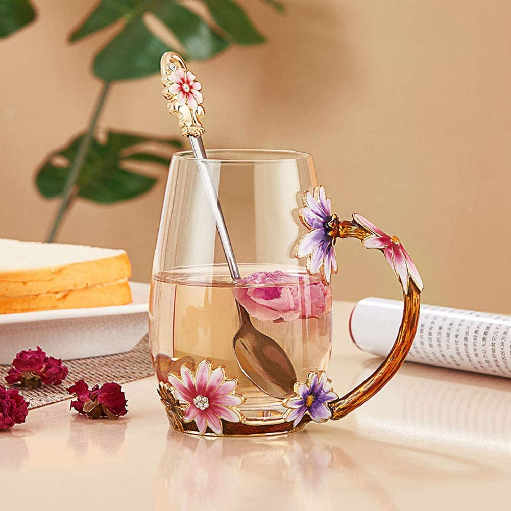 Handmade Enamel Butterfly Flower Glass Coffee Mugs Tea Cup with Spoon,Birthday Christmas Gifts for Her Women Mum Friends Teacher Valentines Mothers Day
